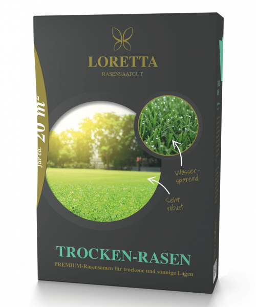 Produktbild von Loretta Trocken-Rasen Premiumrasen mit Mantelsaat Verpackung unter anderem mit Angaben zur Rasenart und Hinweisen zu Wasserspareffekt und Robustheit.