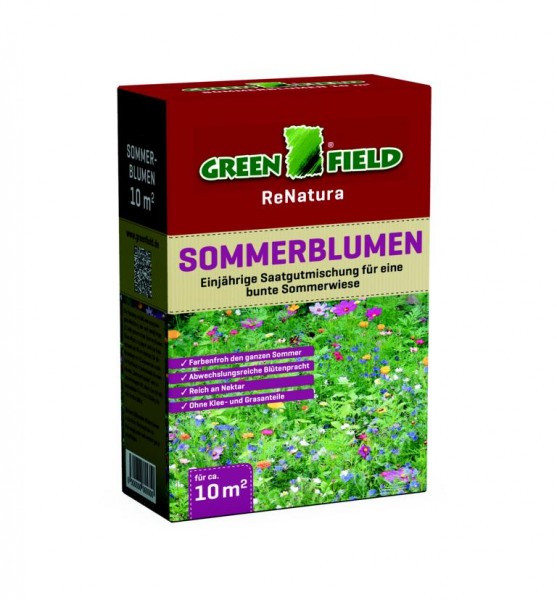 Produktbild von Greenfield Sommerblumen Samen Verpackung mit Informationen zu einer einjahrigen Saatgutmischung fur eine bunte Sommerwiese und Angaben zur Flachendeckung.
