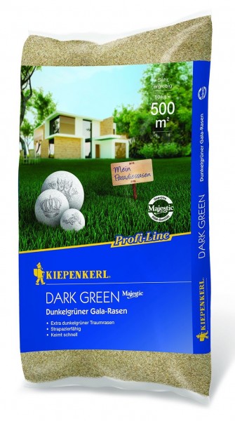 Produktbild von Kiepenkerl Profi Line Dark Green dunkelgrüner Gala-Rasen Verpackung mit Rasenansicht, Produktdetails und Markenlogo.