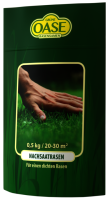 Produktbild von GRÜNE OASE Rasennachsaat Verpackung mit Hand die Rasen streicht und Angaben zu Gewicht und Fläche in deutscher Sprache.