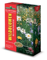 Produktbild von Greenfield Wildblumen- Kräuterwiese ohne Gräser Verpackung mit Bildern von blühenden Wildblumen und Produktinformationen in deutscher Sprache.