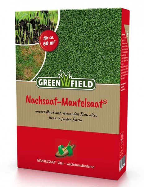 Produktbild von Greenfield Nachsaat-Mantelsaat Vital Verpackung mit Rasenbild und Informationen zur Flächenabdeckung sowie Wachstumsförderung auf Deutsch