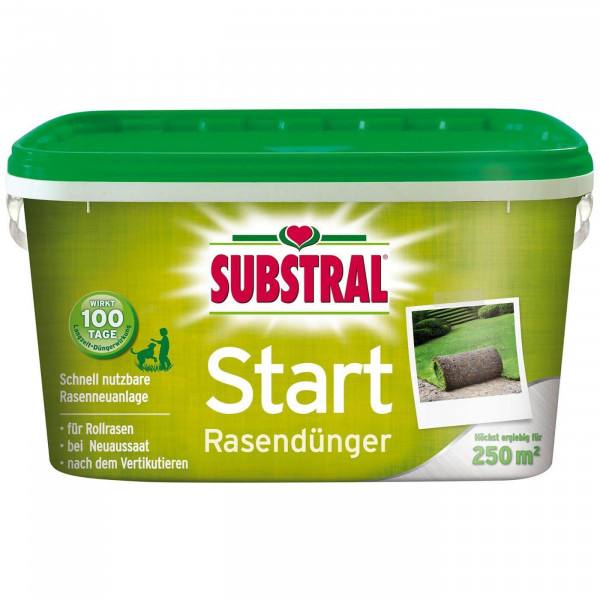 Produktbild von Substral Start Rasendünger in einem grünen Eimer für schnell nutzbare Rasenneuanlage geeignet für Rollrasen und Neuaussaat.