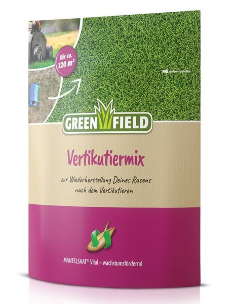 Produktbild von Greenfield Vertikutiermix Mantelsaat Vital zur Rasenwiederherstellung in einer Verpackung mit Rasenbilder und Markenlogo.