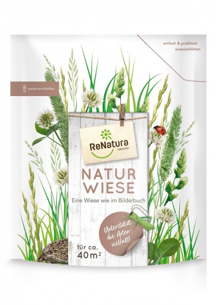 Produktbild von ReNatura Naturwiese Saatgutverpackung mit Darstellung von Gräsern und Blumen sowie Informationen zur Ansaatfläche und Artenvielfalt auf Deutsch.