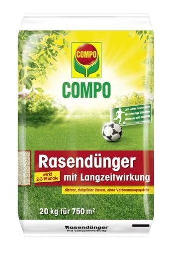 Produktbild von COMPO Rasendünger mit Langzeitwirkung in einer 20 kg Packung mit Markenlogo, Fußball und Informationen zur Anwendungsfläche und Wirkdauer auf Deutsch.