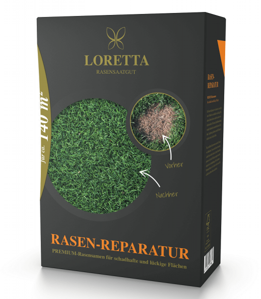 Produktbild von Loretta Rasen-Reparatur Premiumnachsaat mit Mantelsaat, Verpackung zeigt Bilder von Rasen vor und nach der Anwendung sowie Produktinformationen.