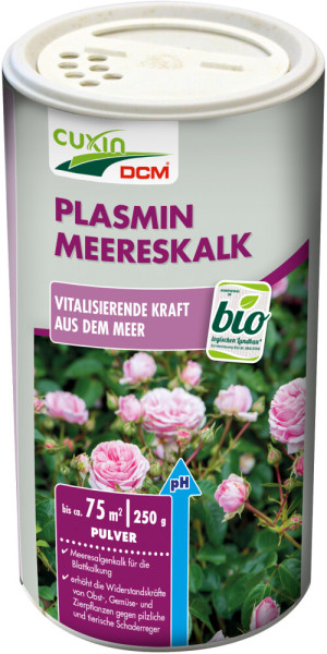 Produktbild von Cuxin DCM Plasmin Meereskalk Pulver in einer 250g Dose mit Informationen zur Wirkung und Anwendung auf Deutsch.
