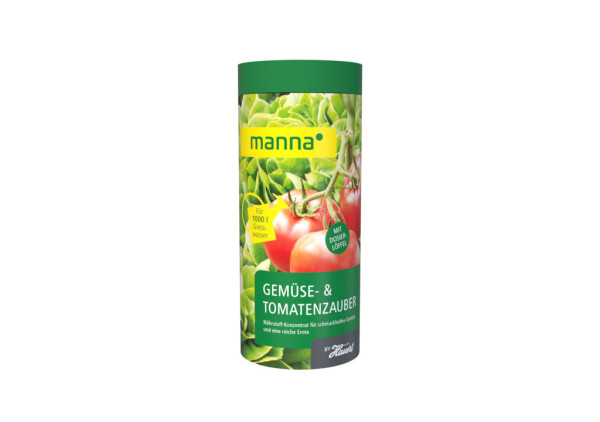 Produktbild von MANNA Tomaten und Gemüsezauber 1kg Düngemittelverpackung mit Dosierlöffel für schmackhaftes Gemüse und eine reiche Ernte.