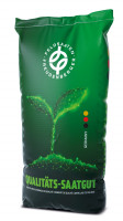 Produktbild von Einzelsaat Festuca rubra rubra Rotschwingel Großpackung mit Markenlogo und Qualitätsversprechen auf grünem Hintergrund.