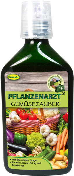 Produktbild von Schacht PFLANZENARZT Gemüsezauber 350ml mit Darstellung der grünen Flasche, verschiedenen Gemüsesorten auf dem Etikett und Hinweisen zu rein pflanzlichem Dünger für mehr Aroma, Ertrag und Geschmack.