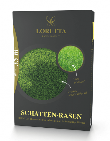 Produktbild von Loretta Schatten-Rasen Premiumrasensaat Verpackung mit Darstellung von Gras und Informationen zur Belastbarkeit und Schattentoleranz in deutscher Sprache.