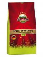 Produktbild von Ecostar Rasen Sportsfreunde, Sport- und Spielrasenmischung in einer 10 kg Verpackung mit Markenlogo, Qualitaetssiegel und Grasillustration.