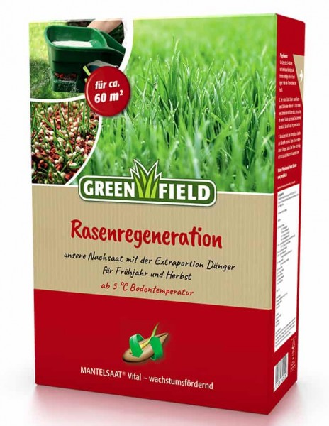 Produktbild von Greenfield Rasenregeneration Mantelsaat Vital mit Angaben zur Flächendeckung und Informationen zum Wachstumsförderer auf deutscher Verpackung.