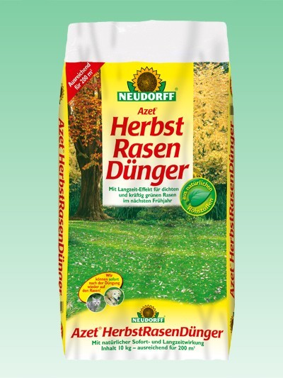 Produktbild von Neudorff Azet Herbstrasen-Dünger in einer 10 kg Verpackung mit Informationen zu Anwendung und Wirkung für einen dichten Rasen im nächsten Frühjahr auf Deutsch.