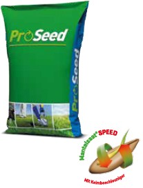 Produktabbildung von Proseed PS 320 Sportrasen Nachsaat-Mischung in einem 10 kg Sack mit Hinweisen auf Schnellkeimung und keimbeschleunigender Beschichtung.