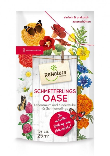 Produktbild von ReNatura Schmetterlingsoase mit Abbildungen von bunten Blumen und Schmetterlingen zur Förderung von Lebensraum für Schmetterlinge mit Hinweisen zur einfachen Anwendung und ökologischen Vorteilen.