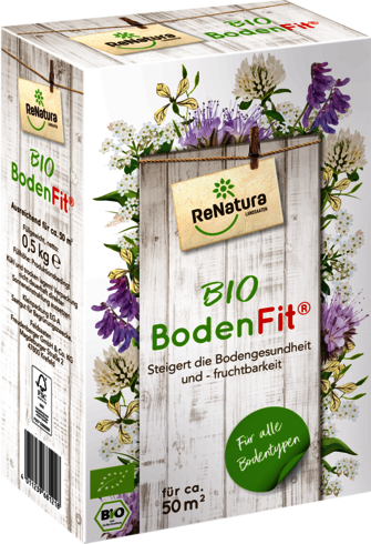 Produktbild von ReNatura BodenFit Bio Packung mit Informationen zur Steigerung der Bodengesundheit und -fruchtbarkeit auf Deutsch.