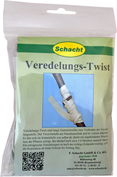 Produktbild von Schacht Veredelungs-Twist 50g mit Verpackung, Informationen zur Produktanwendung, Firmenlogo und Kontaktinformationen.