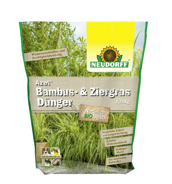Produktbild von Neudorff Azet Bambus- und ZiergrasDünger 1,75kg Verpackung mit Produktinformationen und Abbildungen von Bambus, Ziergras und einem Hund.