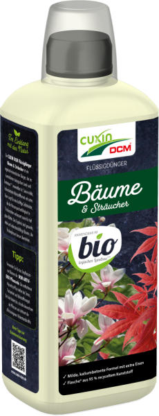 Produktbild von Cuxin DCM Flüssigdünger Bäume und Sträucher mit Verpackungsinformationen, Nutzungsanweisungen und dem Hinweis auf biologische Anwendbarkeit in deutscher Sprache.