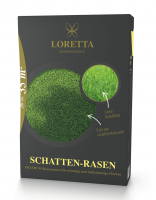 Produktbild von Loretta Schatten-Rasen Premiumrasensaat Verpackung mit Darstellung von Gras und Informationen zur Belastbarkeit und Schattentoleranz in...