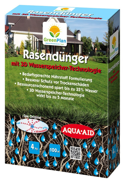 Produktbild von GreenPlan Rasendünger Verpackung mit 3D Wasserspeicher-Technologie und Informationen zu bedarfsgerechter Nährstoffformulierung sowie Schutz vor Trockenschäden.