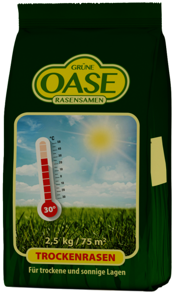 Produktbild von GRÜNE OASE Trockenrasen Verpackung mit Temperaturanzeige und Hinweis für trockene und sonnige Lagen in deutscher Sprache.