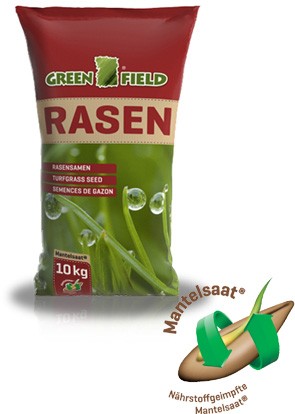 Produktbild von Greenfield GF 430 Golfrasen Tee Nr. 1 RSM 4.3 Rasensamen Verpackung mit Grashalmen und Wassertropfen im Hintergrund sowie Mantelsaat Logo