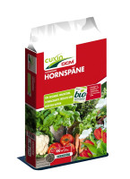 Produktbild von Cuxin DCM Hornspäne 5kg Verpackung mit Bildern von Gemüsepflanzen und Angaben zu biologischem Anbau und Produktdetails in deutscher Sprache.
