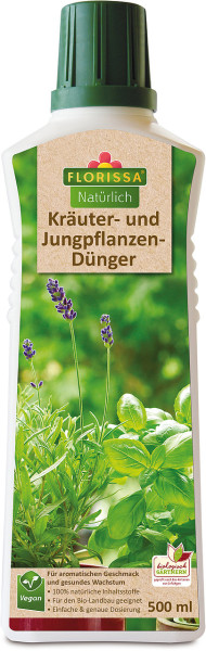 Produktbild von Florissa Natürlich Kräuter- und Jungpflanzendünger in einer 500ml Flasche mit Hinweisen auf vegan, ökologisches Gärtnern und natürliche Inhaltsstoffe auf Deutsch.