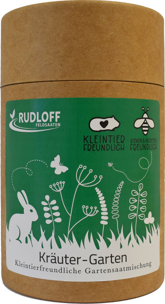 Produktbild von Rudloff Kräuter-Garten 300g mit Markenlogo und Hinweisen zur Kleintier- und Insektenfreundlichkeit auf grünem Etikett sowie brauner Verpackung.