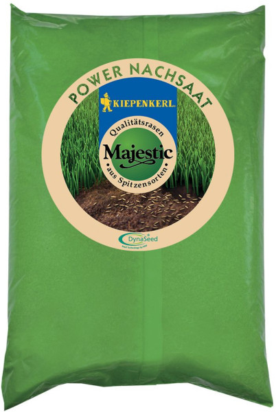 Produktbild von Majestic Power Nachsaat mit DynaSeed-Keimbeschleuniger mit Markennamen und Rasenbild.