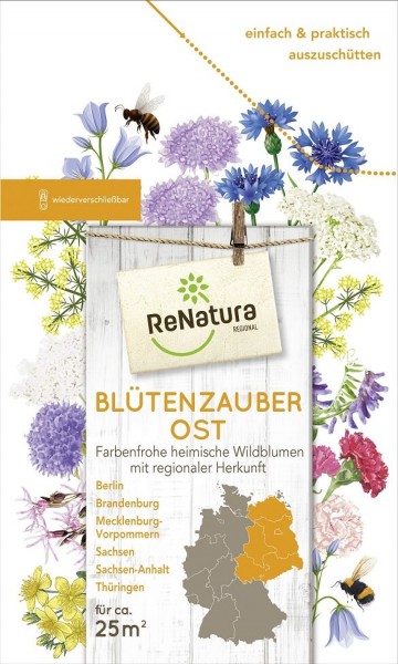 Produktbild von ReNatura Blütenzauber Regional mit Darstellung der Blumenmischung Informationen zur regionalen Herkunft für die Bundesländer Berlin Brandenburg Mecklenburg-Vorpommern Sachsen Sachsen-Anhalt und Thüringen und Hinweis auf Wieder verschließba