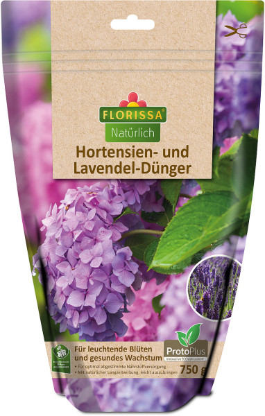 Produktbild von Florissa Naturlich Hortensien und Lavendeldünger mit Darstellung der Verpackung, blühenden Hortensien und Lavendel, Hinweisen zu leuchtenden Blüten und gesundem Wachstum sowie der Gewichtsangabe 750g.