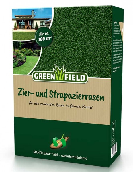 Produktbild von Greenfield Zier und Strapazierrasen Mantelsaat Vital für Rasenflächen mit Abbildung einer gepflegten Rasenfläche und Packungsinformationen