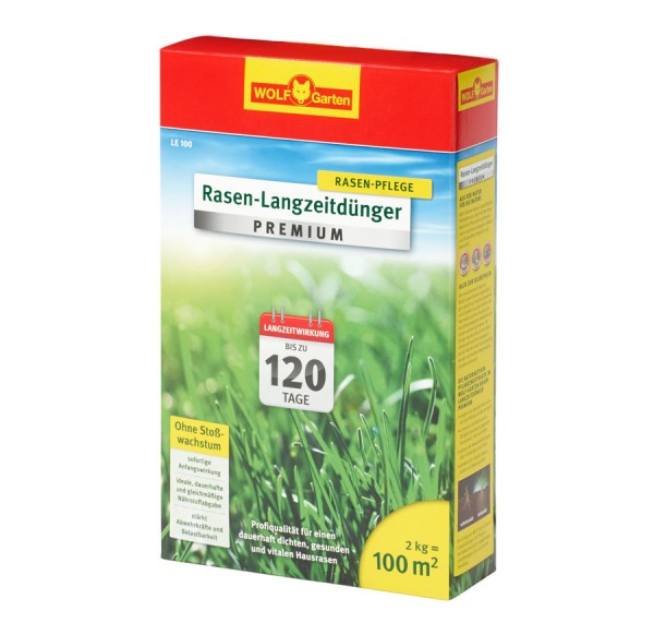 Produktbild des Wolf-Garten LE Premium Langzeitrasendüngers mit Angabe der Wirkungsdauer von bis zu 120 Tagen und Informationen über die Packungsgröße für 100 Quadratmeter Rasenfläche.