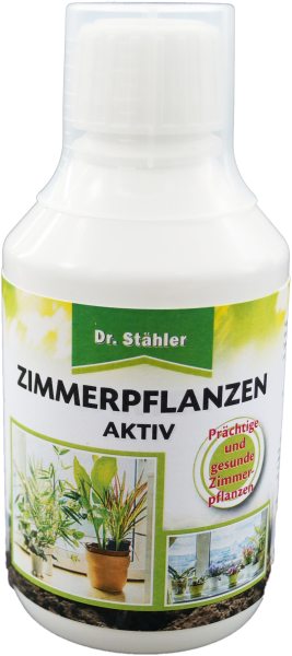 Produktbild von Dr. Staehler Zimmerpflanzen Aktiv 250ml Flasche mit Etikett auf dem prachtige und gesunde Zimmerpflanzen abgebildet sind