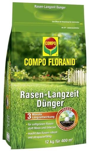 Produktbild des COMPO Floranid Rasen-Langzeitdüngers in einer grünen Verpackung mit Markenlogo und Angaben zur 3-monatigen Wirkungsdauer für bis zu 400m² Rasenfläche.