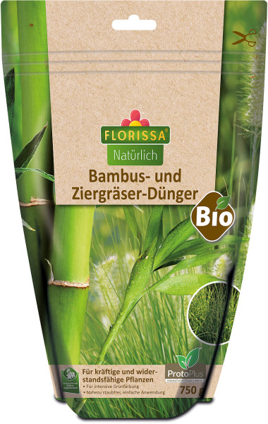 Produktbild von Florissa Natürlich Bambus und Ziergräser-Dünger in einer 750g Verpackung mit Bio-Siegel und Hinweisen für kräftige Pflanzen und einfache Anwendung.