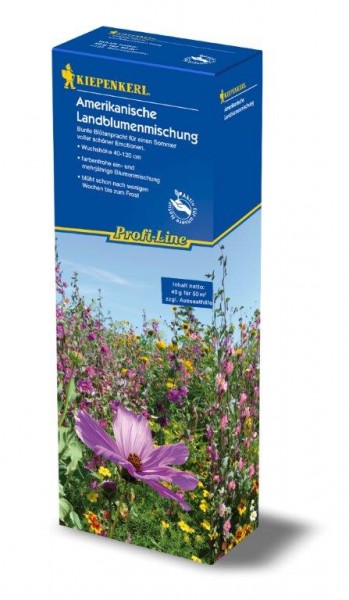 Produktbild von Kiepenkerl Profi-Line Blumenmischung Landblumenmischung mit Abbildung verschiedenfarbiger Blumen und Verpackungsinformationen in deutscher Sprache.