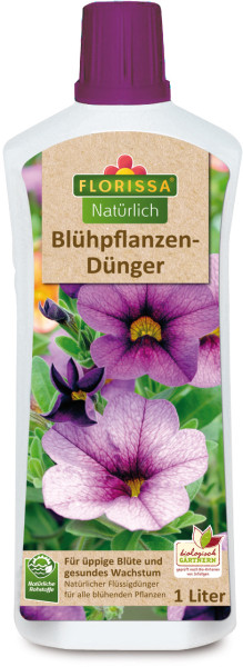 Produktbild von Florissa Natürlich Blühpflanzendünger in einer 1 Liter Flasche mit Informationen über natürliche Inhaltsstoffe und Anwendungshinweise