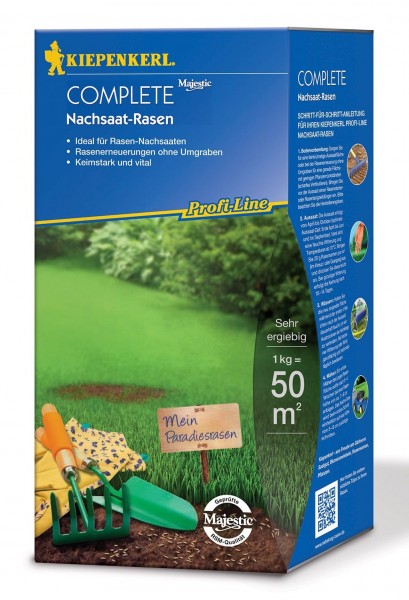 Produktbild von Kiepenkerl Profi Line Complete Nachsaat-Rasensamen mit Informationen zu Anwendungen und Vorteilen sowie Darstellung eines Rasenstücks und Gartengeräten.