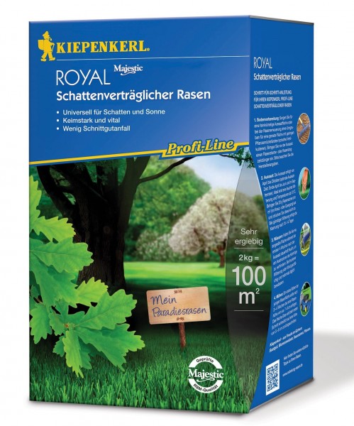 Produktbild von Kiepenkerl Profi Line Royal Schattenrasen mit Angaben zu Eigenschaften und Anwendungsanleitung auf der Verpackung, umgeben von einer grünen Rasenfläche und Eichenblättern.