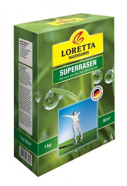 Produktbild von Loretta Superrasen Rasensamen in einer 1 kg Packung mit Markenlogo Informationen für Gärten und Spielflächen sowie Angaben zur Flächenabdeckung.