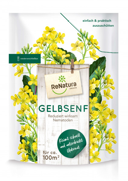 Produktbild von ReNatura Gelbsenf Verpackung mit Darstellung von blühenden gelben Pflanzen und Informationen über die Wirksamkeit gegen Nematoden sowie schnelle Keimung auf deutscher Sprache.