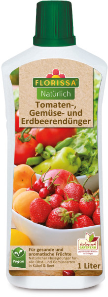 Produktbild von Florissa Natürlich Tomaten- Gemüse- und Erdbeerendünger 1 Liter Flasche mit Bildern von frischen Tomaten Erbeeren und anderem Obst und Gemüse sowie Hinweisen zu biologischem Gartenbau und Vegan-Symbol